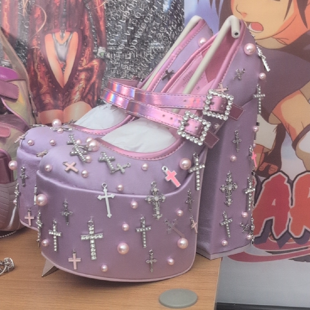Sugar Thrillz Lavender Platform Heels with Cross Details